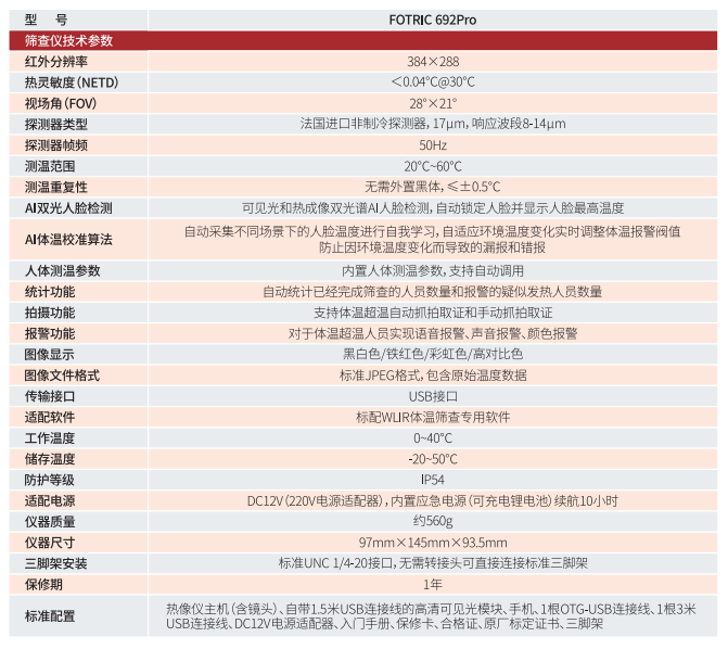 FOTRIC 692Pro全自動(dòng)紅外體溫篩查儀技術(shù)參數(shù)